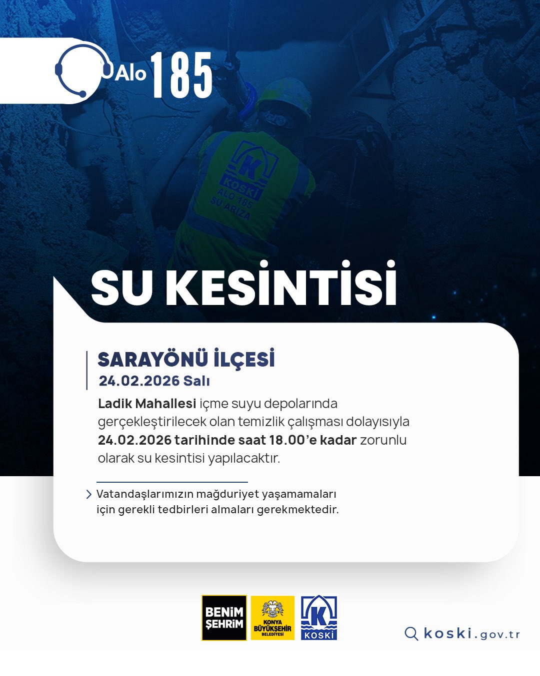 KOSKİ Duyurdu! Sarayönü'nde Su Kesintisi Yaşanacak