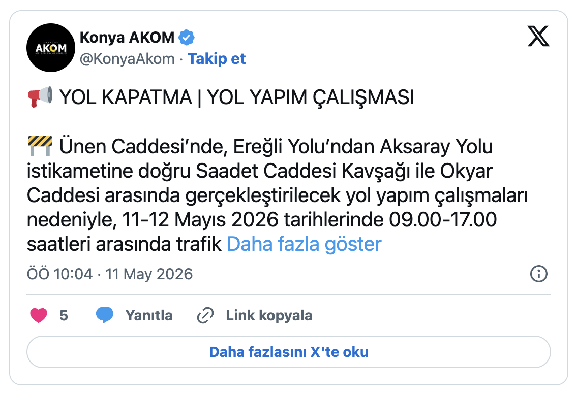 Belirli Bir Güzergah Geçici Olarak Trafiğe Kapanacak