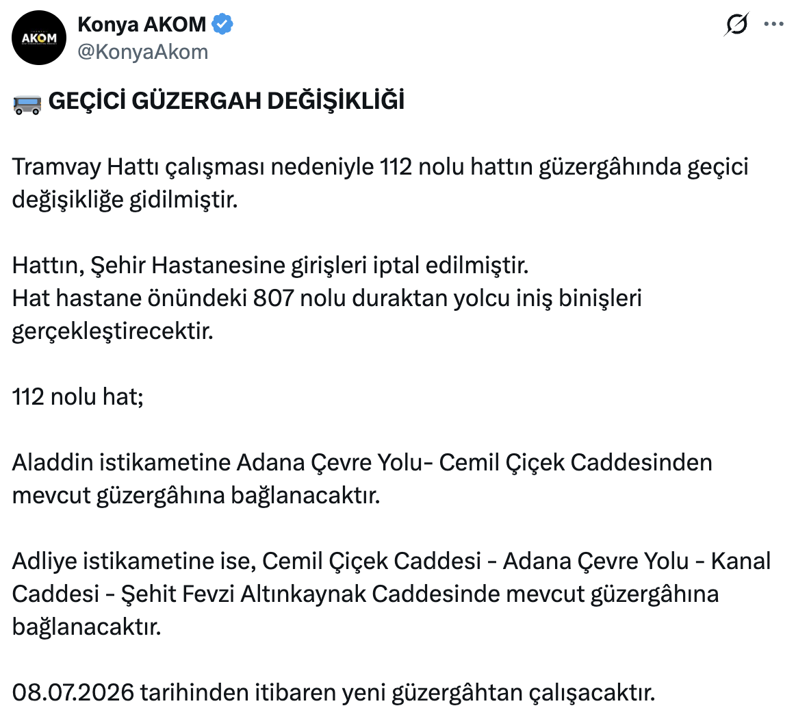 O Hatta Güzergah Değişikliği Yapıldı