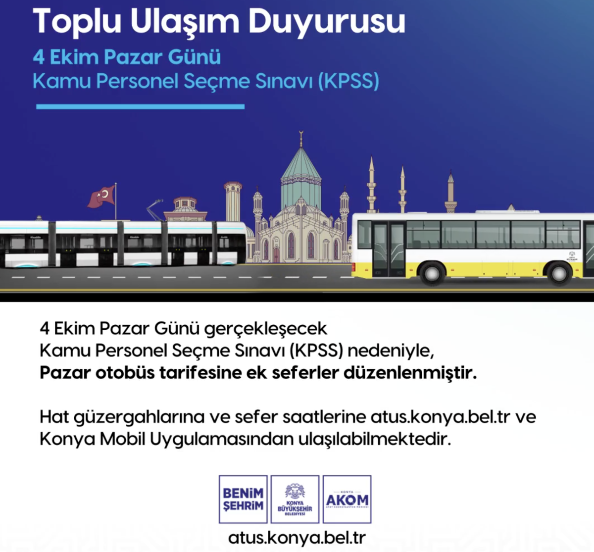 Konya’da KPSS İçin Ek Otobüs Seferleri Düzenlenecek