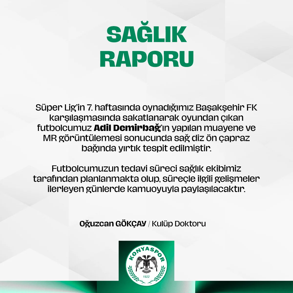 Konyaspor’da Adil Demirbağ Şoku